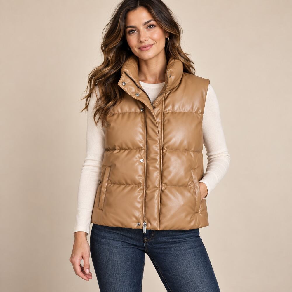 A New Day Women’s Tan Faux Leather Puffer Vest Size Small NWT
